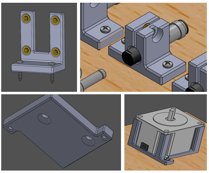 3D-printed mounts for pneumatic cylinders, proximity sensors, latch, and motor